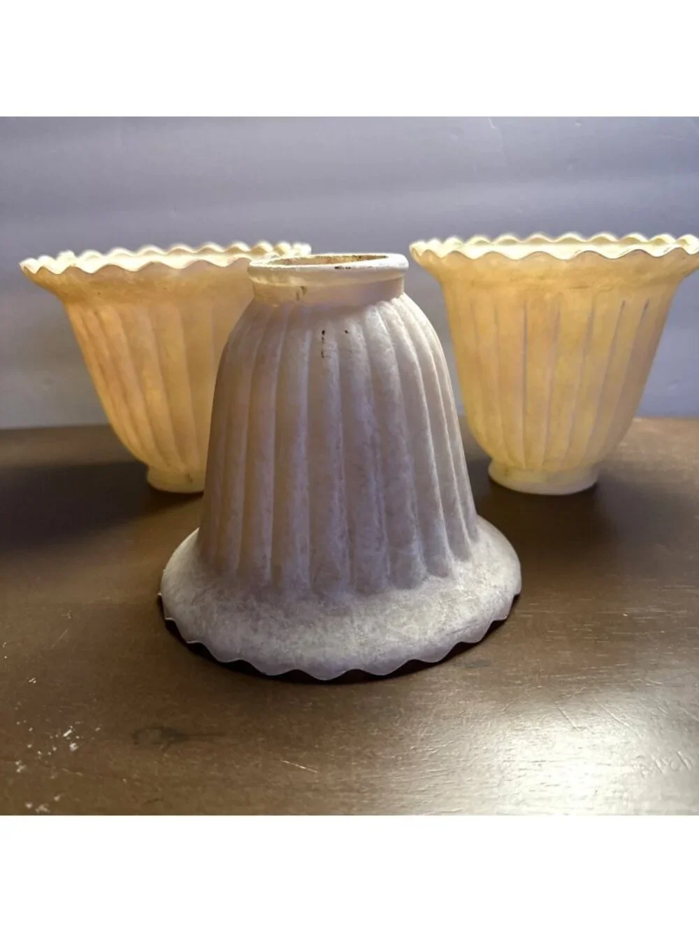 Vintage Fitted Glass Bell Shades Three Beige Marble Painted Ribbed Scalloped